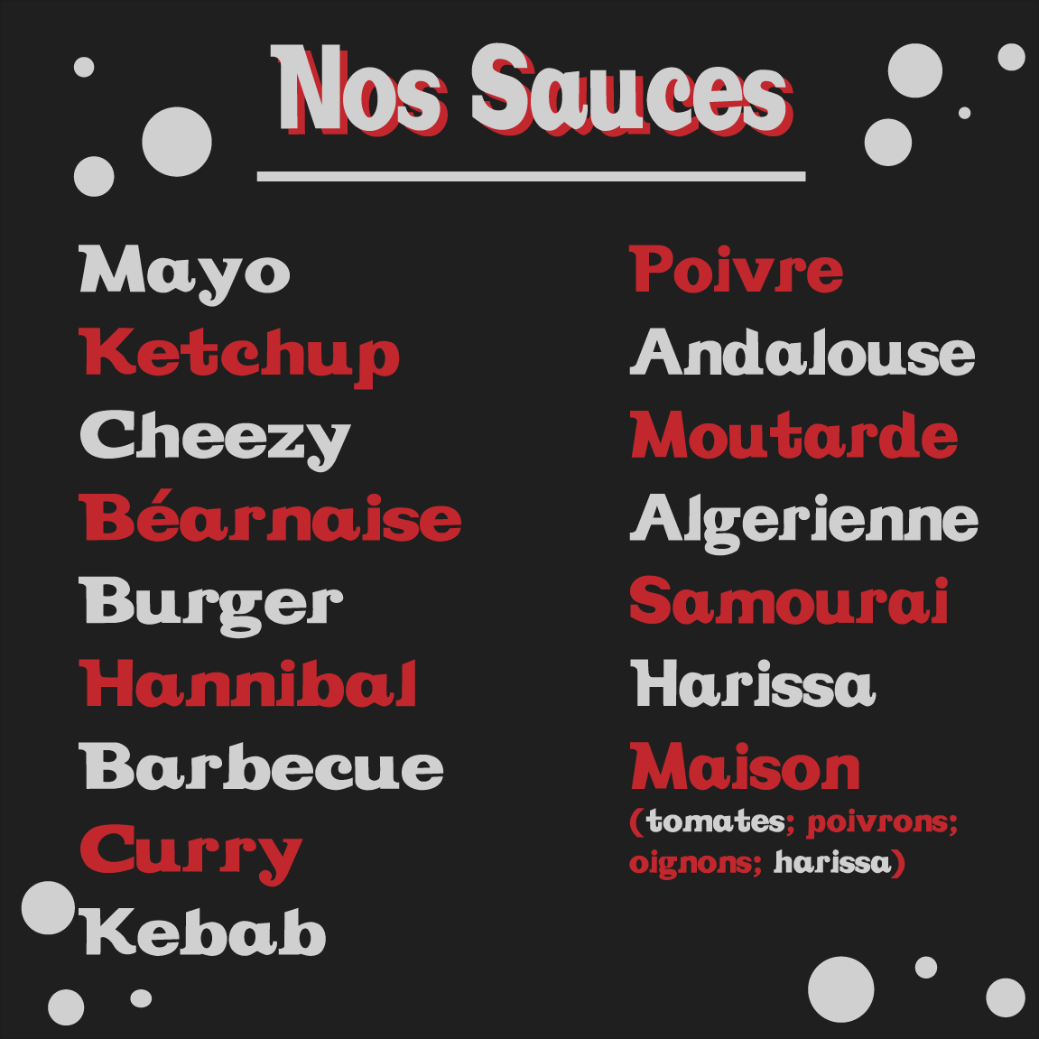 menu des sauces